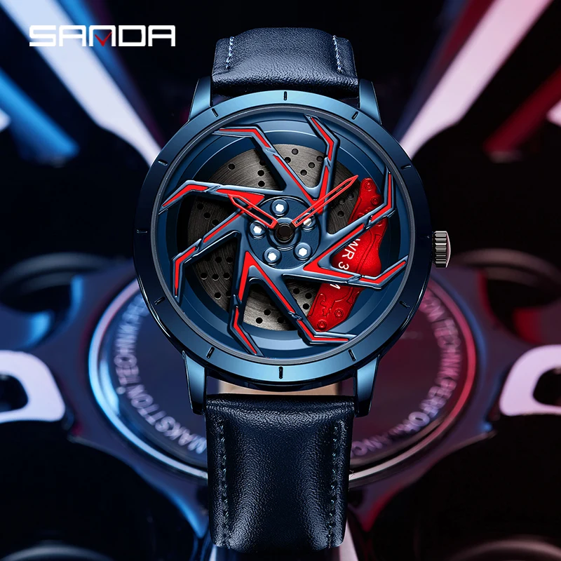 SANDA-Reloj de pulsera de cuarzo para hombre, cronógrafo deportivo de lujo con diseño de esqueleto, correa de cuero, analógico, militar, rueda de llanta de coche, creativo, 1088