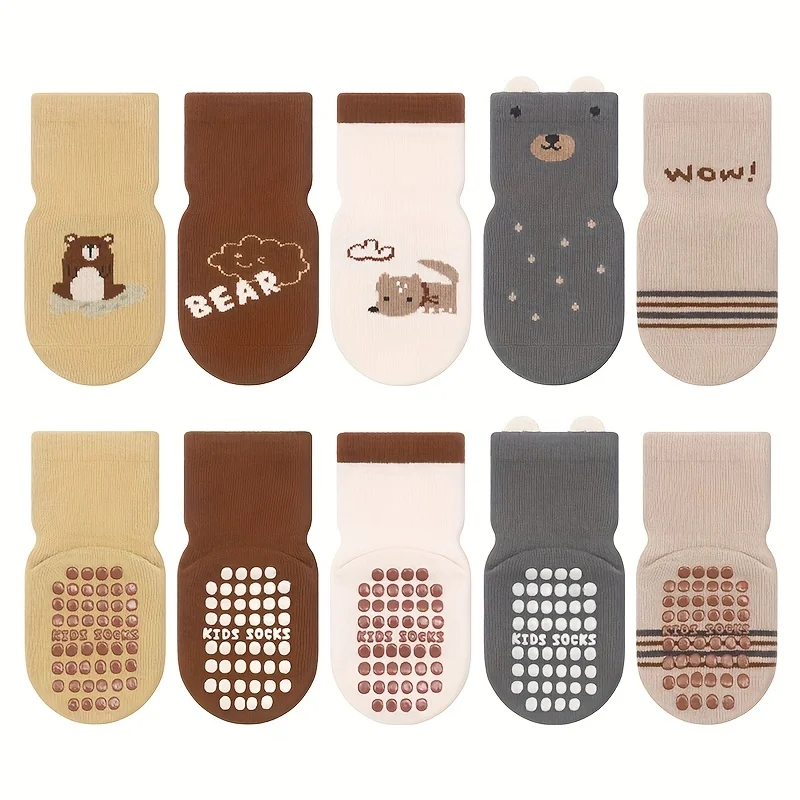 5 pairs of boys and girls' anti slip socks with cute cartoon animal patterns, comfortable and breathable baby floor socks