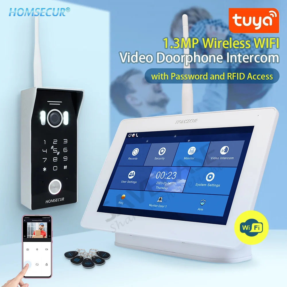 

HOMSECUR Waterproof Wireless WIFI Tuya HD Video Doorphone Intercom Door Bell 1.3MP Password RFID 13.56MHz Access Snapshot Record