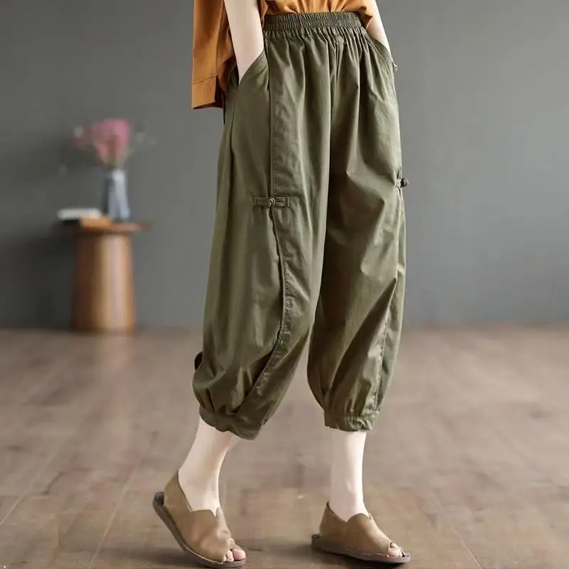 Cotton Seven Points Fashion Bloomers Trousers for Women Summer Thin Elastic High Waist Solid Color Pockets Casual Harem Pants