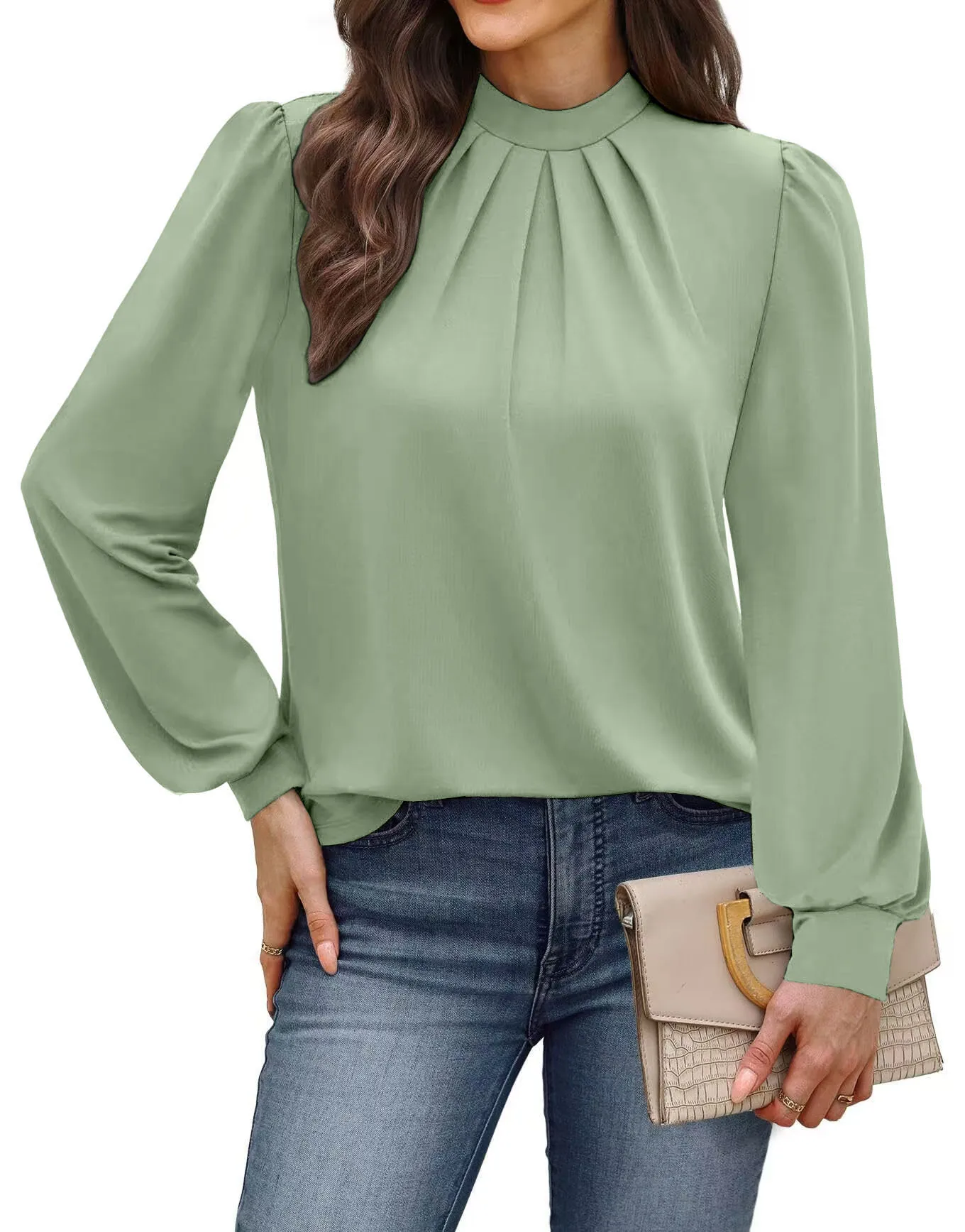 Women Spring Autumn Stand-up Collar Pleated Long-sleeved Blouse