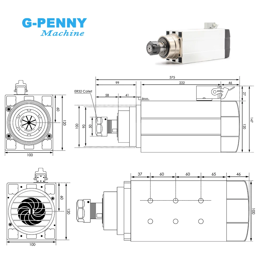 G-Penny 6kw Air Cooled Spindle Motor 4pcs Ceramic Ball Bearings ER32 300Hz 220v / 380v With Mounting Flange 0.01mm Accuracy