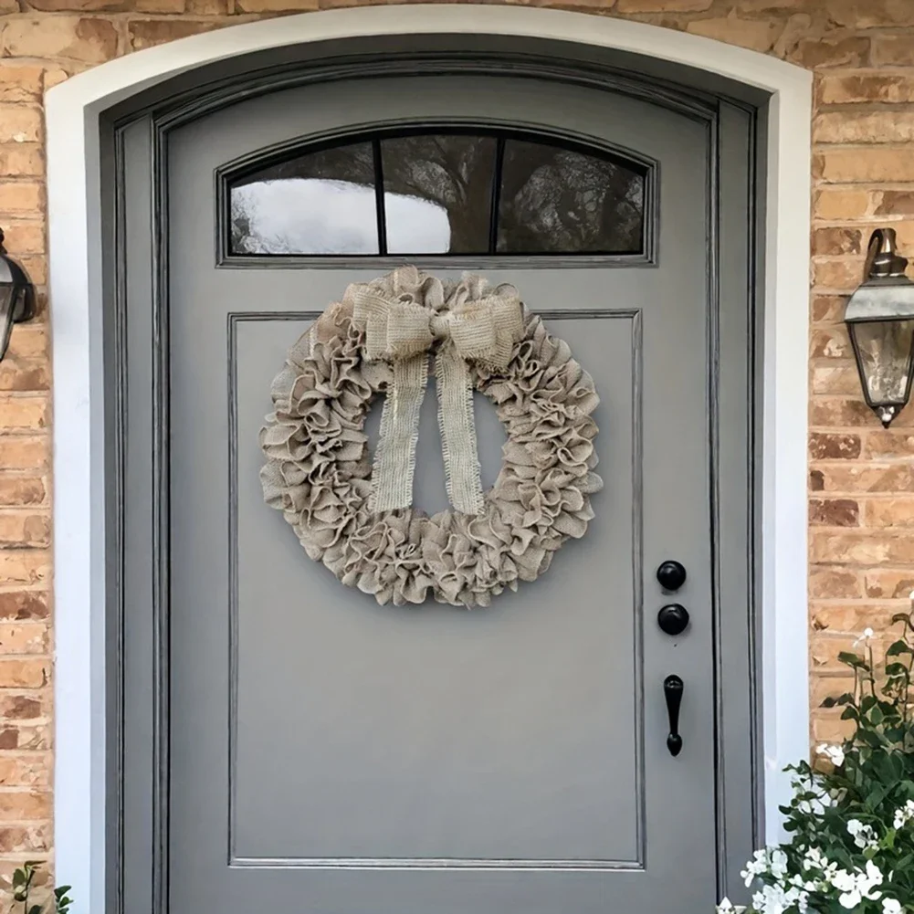 Natural Burlap Wreath With Defined Pleated Design For Indoor Outdoor Use On Doors Walls And Fireplace Surrounds