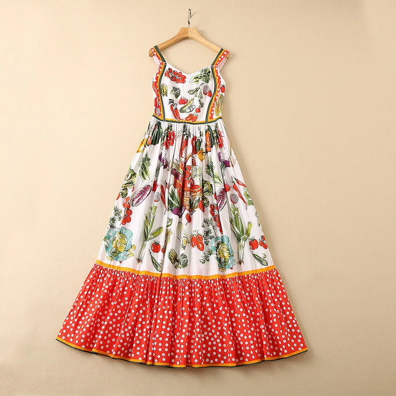 European and American women's wear autumn 2022 new styles Condole belt Vegetable polka dot print Fashion cotton pleated dress