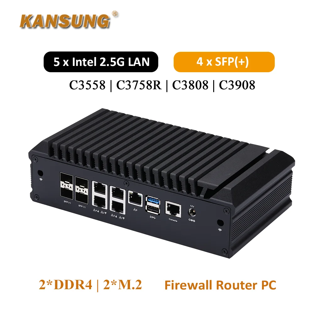 Kansung Atom C3558 C3758R C3808 C3908 Processore server Denverton DDR4 Ram M.2 SSD 4 x SFP + 5 * LAN Router firewall Mini PC