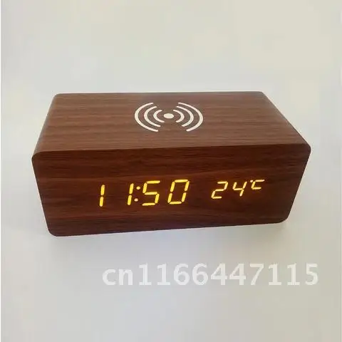 Hause Drahtlose Lade Alarm Thermometer Led Digital Home Smart Voice Control Holz Uhr Uhr