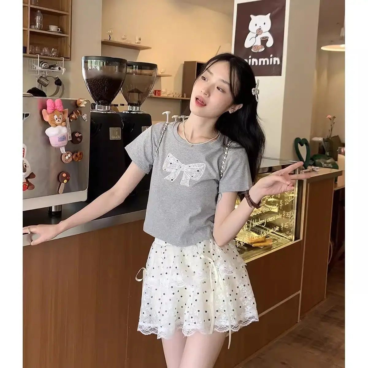 

Комплект Lixiaotuan: футболка и юбка, женский, с коротким рукавом, с высокой талией, многоярусная юбка, для повседневной носки, в корейском стиле, из двух предметов