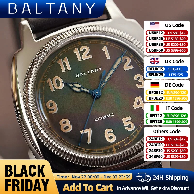 Baltany Tribute 1926s Retro Wristwatches 36mm MOP Miyota 9039 Sapphire Crystal Leather 20ATM Square Stainless Steel Dress Watch