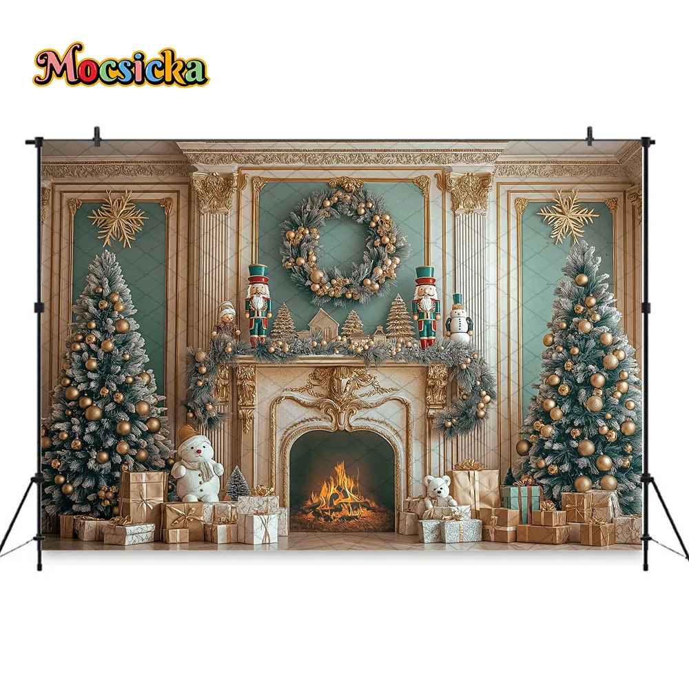 Mocsicka Ruang Natal Perapian Putih Latar Belakang Fotografi Pohon Natal Nutcracker Hadiah Mainan Latar Belakang Dinding Musim Dingin Anak Photobooth