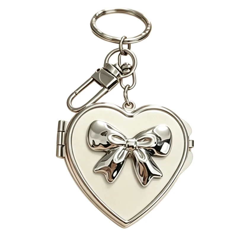 195C Heart Compact Mirror Keychain Charm with Front Accent, Portable Bag Accessory, and Quick On-the-Go Mirror Checks