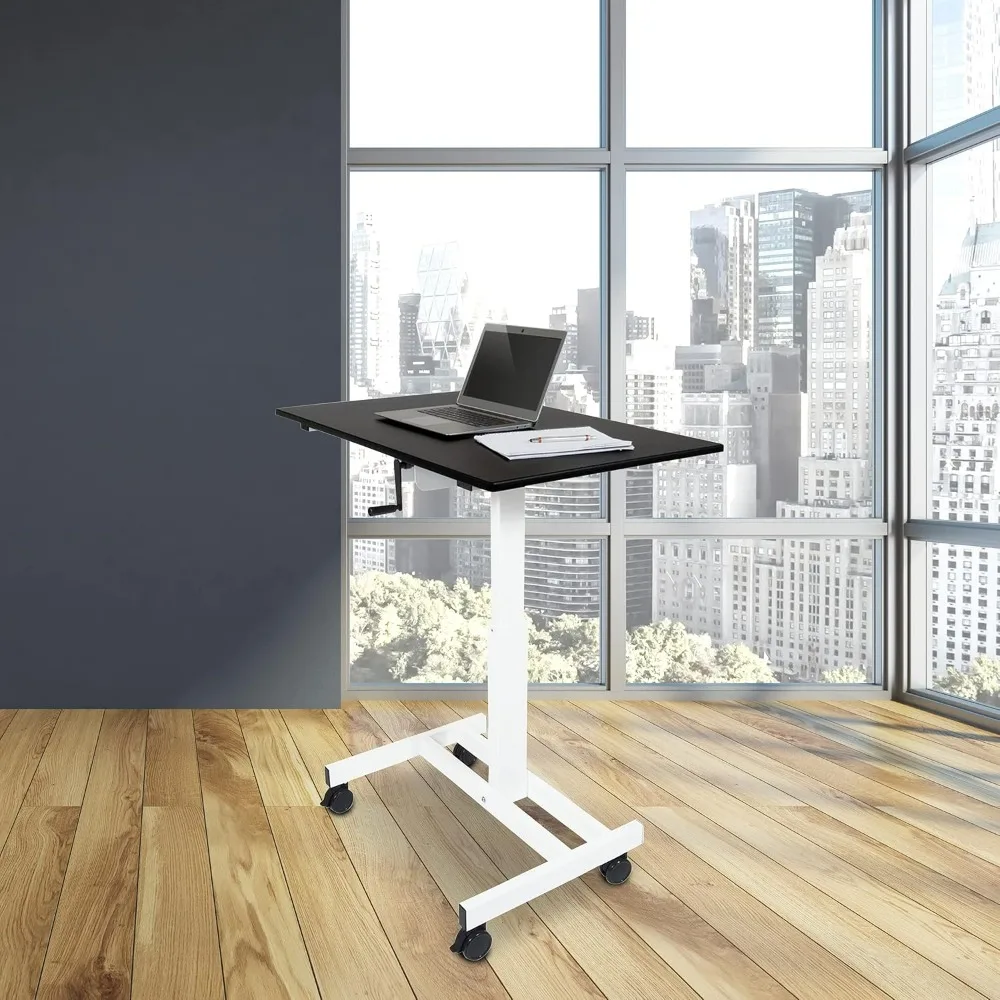 Stand Up Desk Store Crank Adjustable Height Single Column Rolling Mobile Standing Desk (White Frame/Black Top, 40