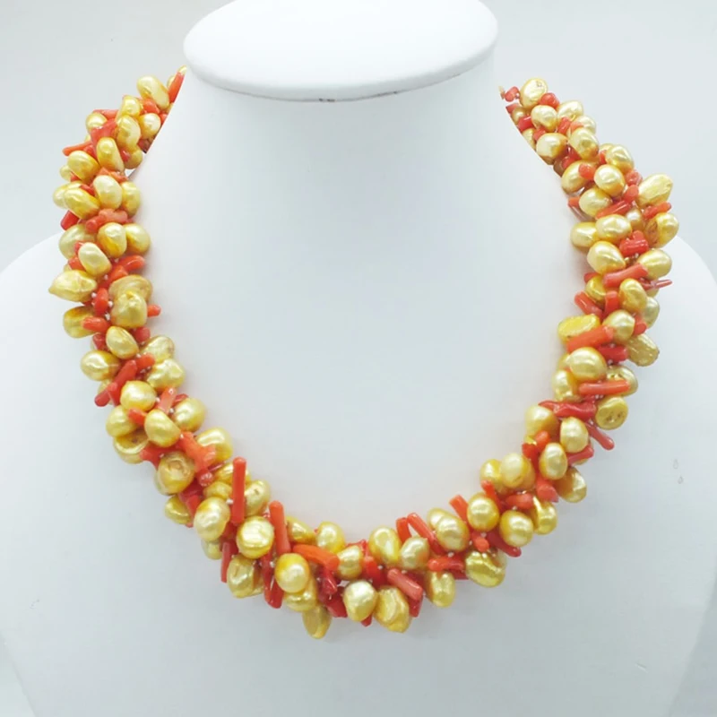 Beautiful mother gift ! 4 rows of natural Baroque and natural orange irregular coral necklaces 20