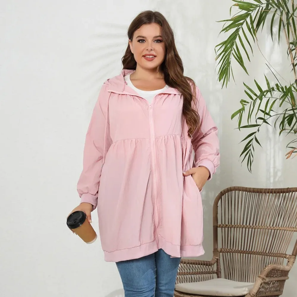 Women Plus Size Windbreaker Thin New Fashion Casual Loose Solid Color Cardigan Hooded Jacket 2024 Autumn Long-sleeved Jackets