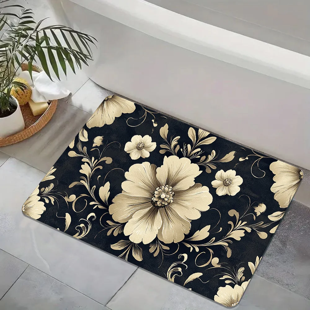 1pc Black vintage floral patterned floor mat, machine washable polyester, suitable for bedroom and living room décor.