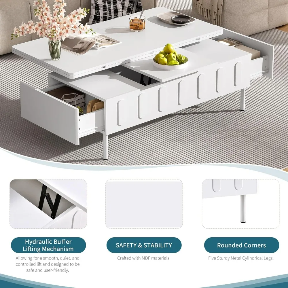 Lift Top Coffee Table, Coffee Tables with Storage for Living Room, Small Coffee Table with 2 Fabric Drawers & LED Light