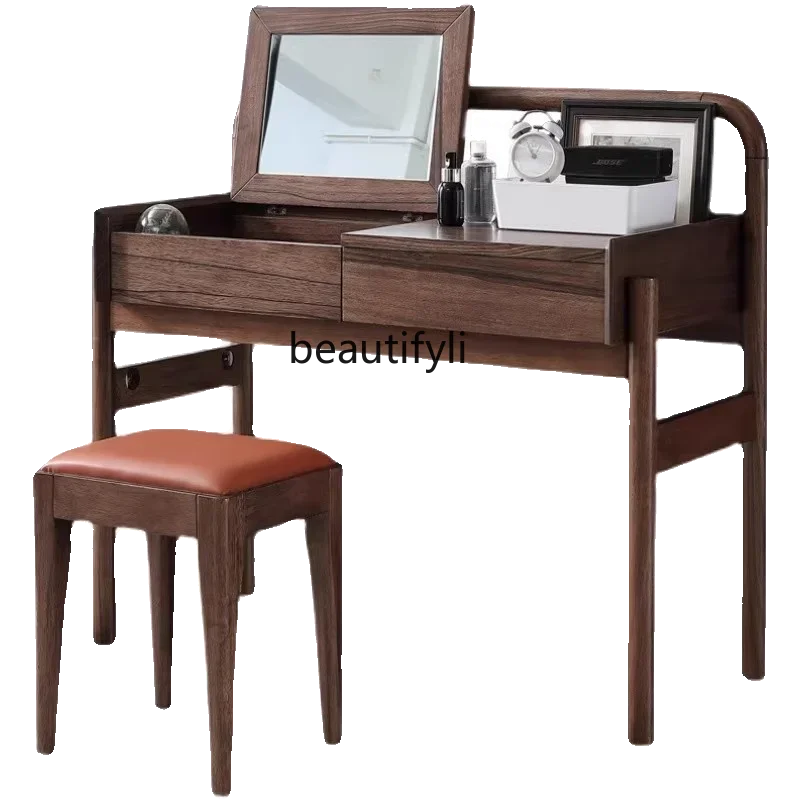 

Black walnut solid wood dressing table Italian minimalist Chinese bedroom dressing table High-end log dressing table with mirror