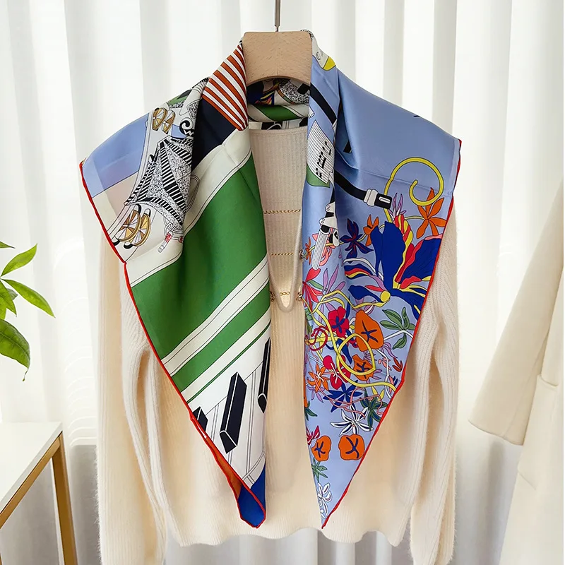 100% Mulberry Silk Scarf 90 Silk Scarf Shawl Fashion Printed for Womens Spring Scarves Neckerchief