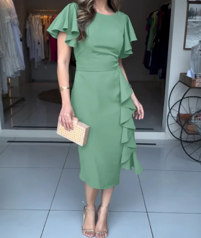 

Elegant Dresses for Women Short Sleeves Pleated Hem Slim Fit Dress Summer Solid Color Elegant Pleated Hem A-Line Women's Dress