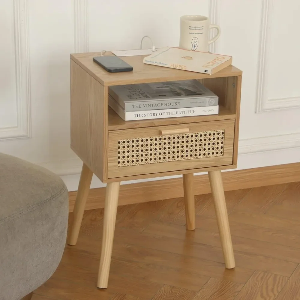 

Small Nightstand with Charging Station, Rattan Side Table Small Wood End Table for Living Room, Bedroom and Small Spaces