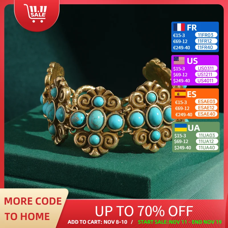 

Bohemian Jewelry Vintage Turquoise Bracelets Woman Accessories Antique Gold Color Charms Natural Stone Chinese Style 2025 New
