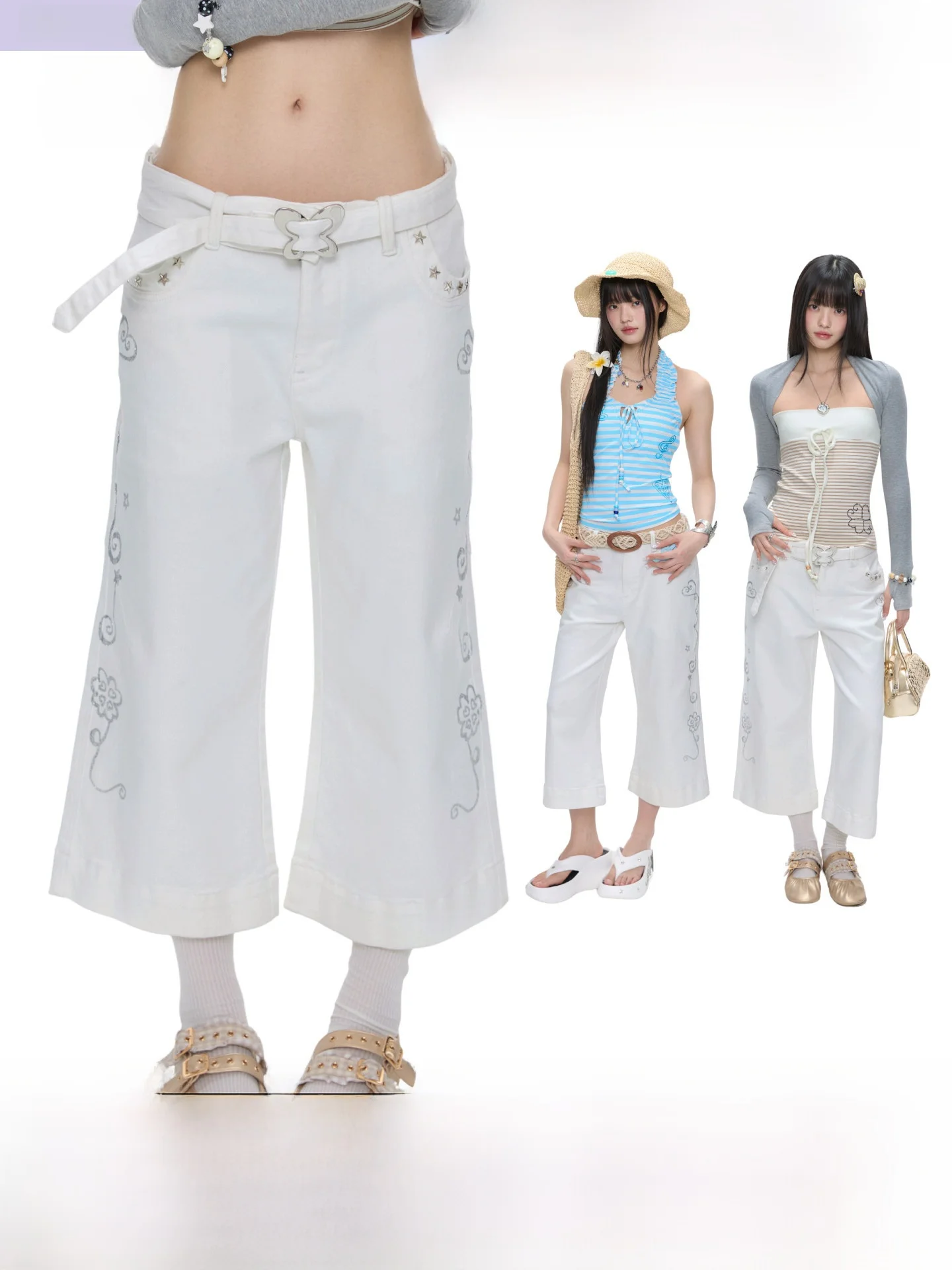 

White Vine Casual Pants High Waist Millennium Flared Cotton Summer 2026 Women's Loose Fit Printed Straight Leg Trousers