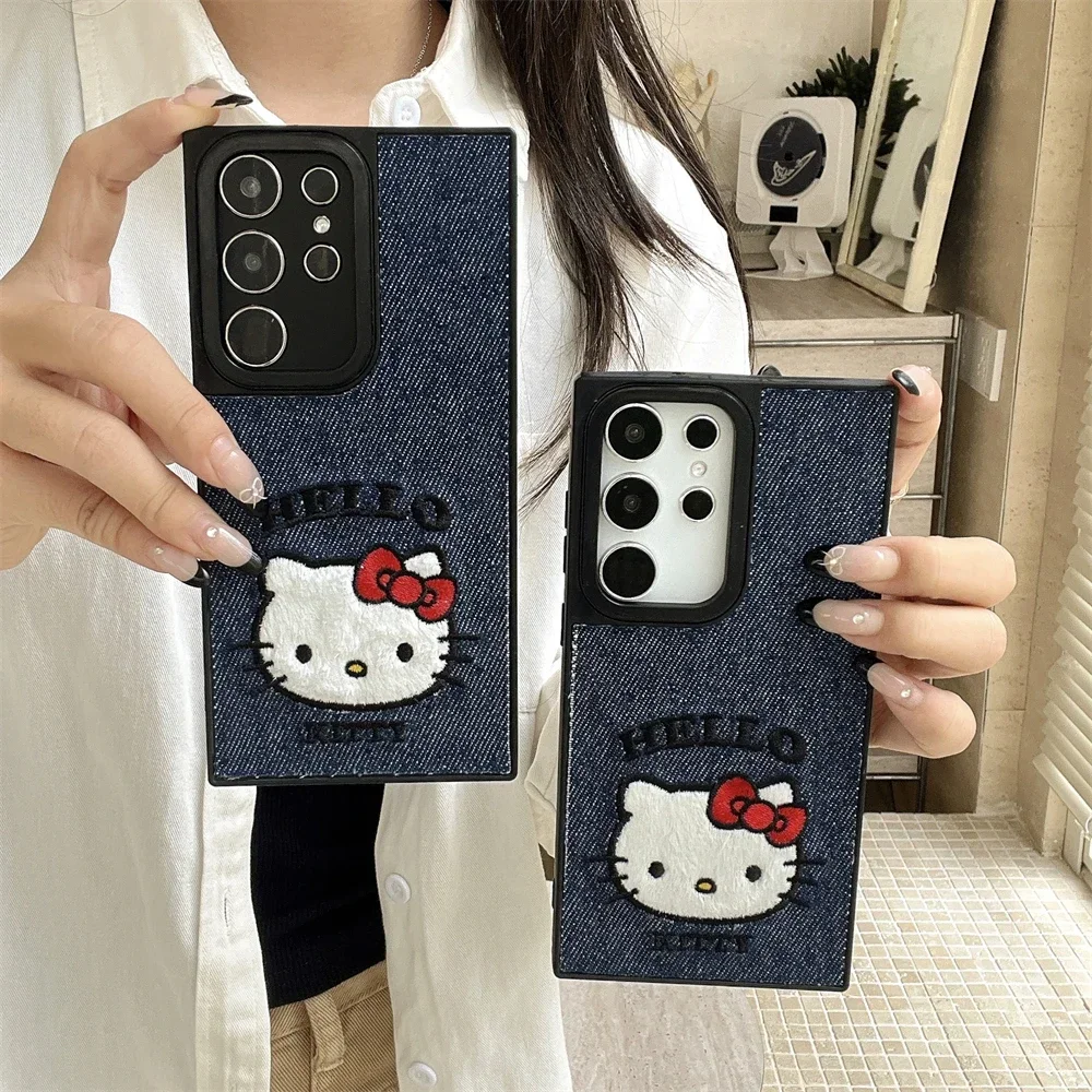 Cute Cartoon Sanrio Hello Kitty Denim Fabric Embroidery Phone Case For Samsung Galaxy S 24 23 Ultra Puls Leather Hard Cover