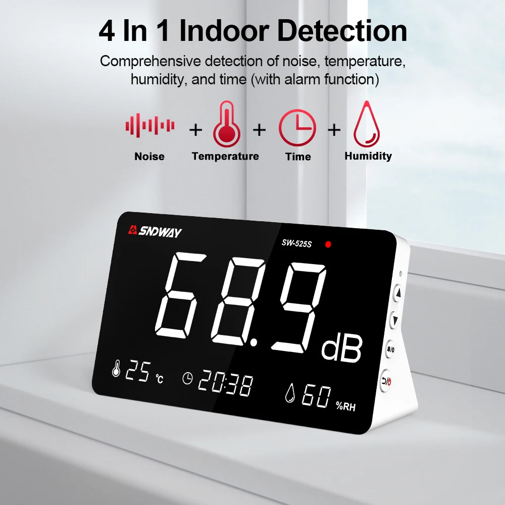 SNDWAY Digital Sound Level Meter Temperature Humidity Meter 30~130db Decibel Meter Audio Measuring Instrument 4 in 1 Noise Meter