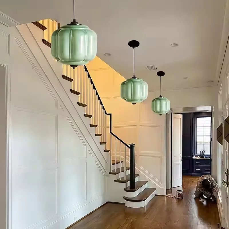 

Подвесной светильник в стиле середины века, зеленые стеклянные подвесные светильники в форме тыквы для прикроватного освещения, декоративное освещение для ресторанов