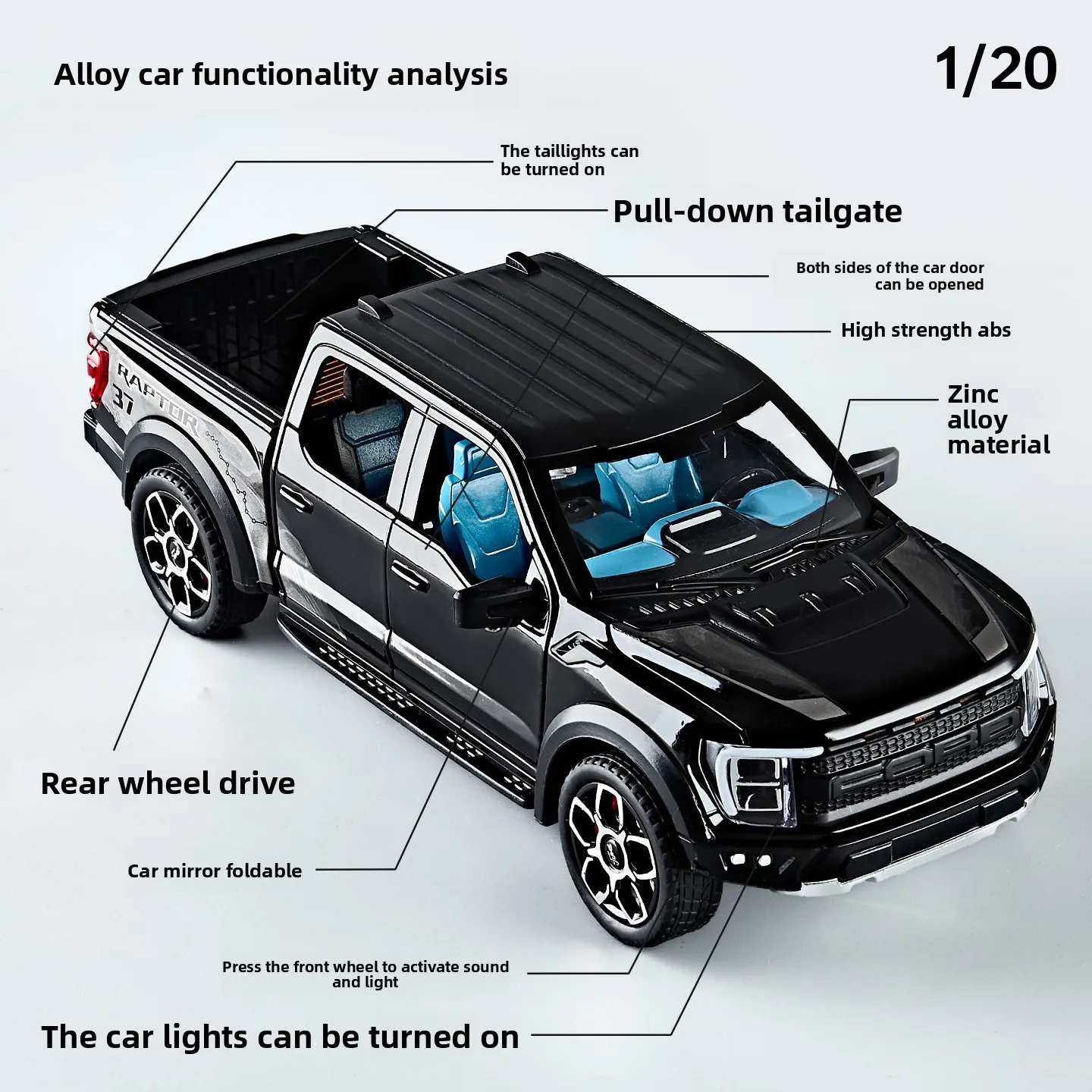 1:20 F150 랩터 픽업 트럭 합금 자동차 모델 사운드 및 라이트 풀백 어린이 장난감 수집품 생일 선물