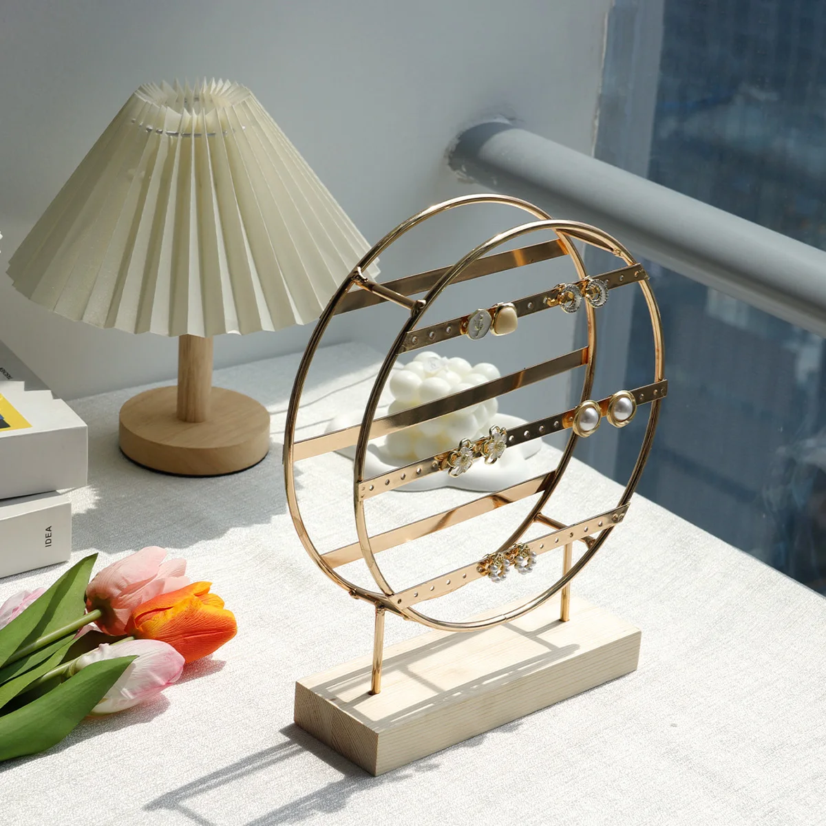 

Multilayer Earrings Display Stand With Wood Base Ear Studs Pendant Jewelry Storage Rack Hanging Holder Counter Props