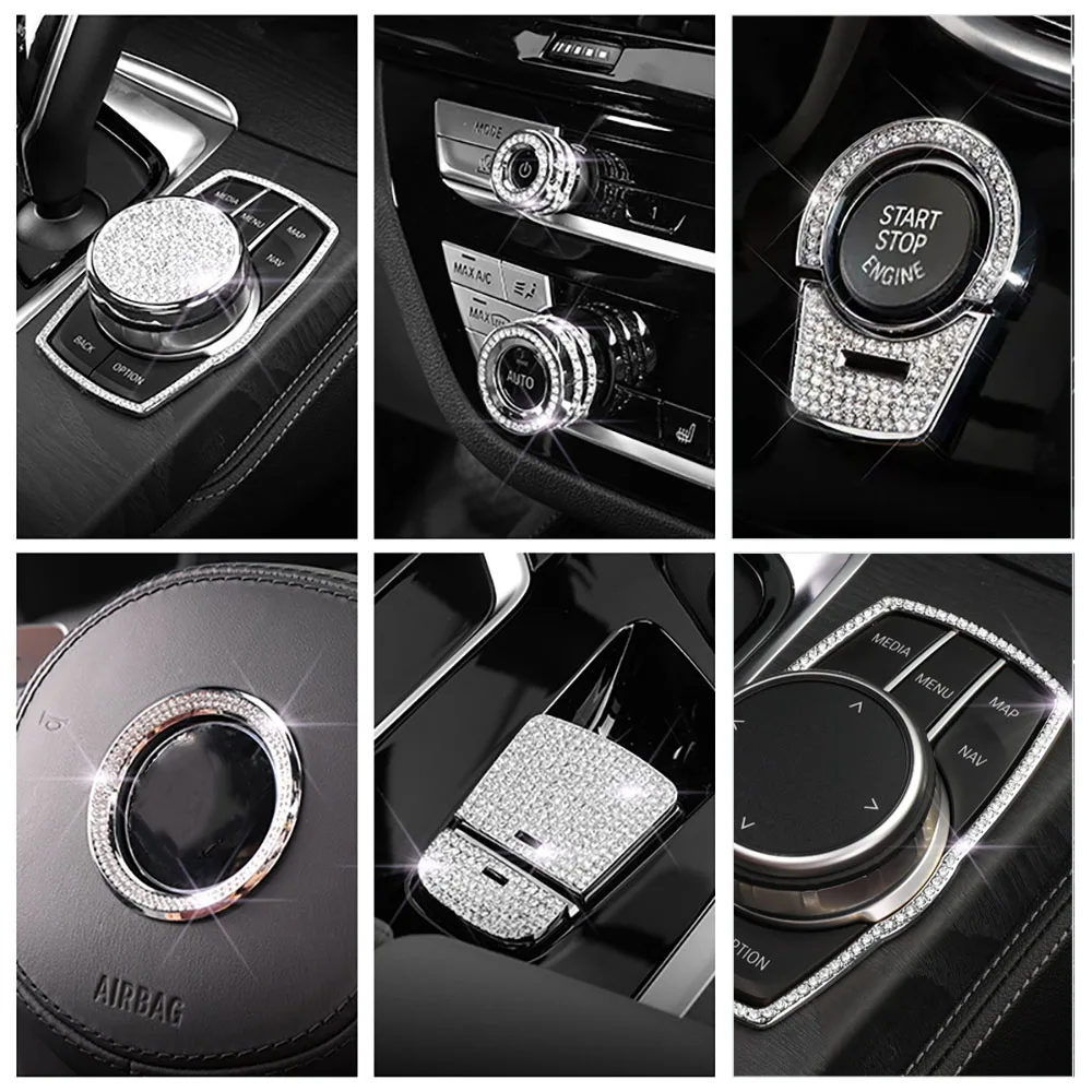 Diamond Steering Wheel Start Button Media iDrive AC Volume Knob Metal Crystal Sticker Accessories for BMW 5 X3 X4 Series