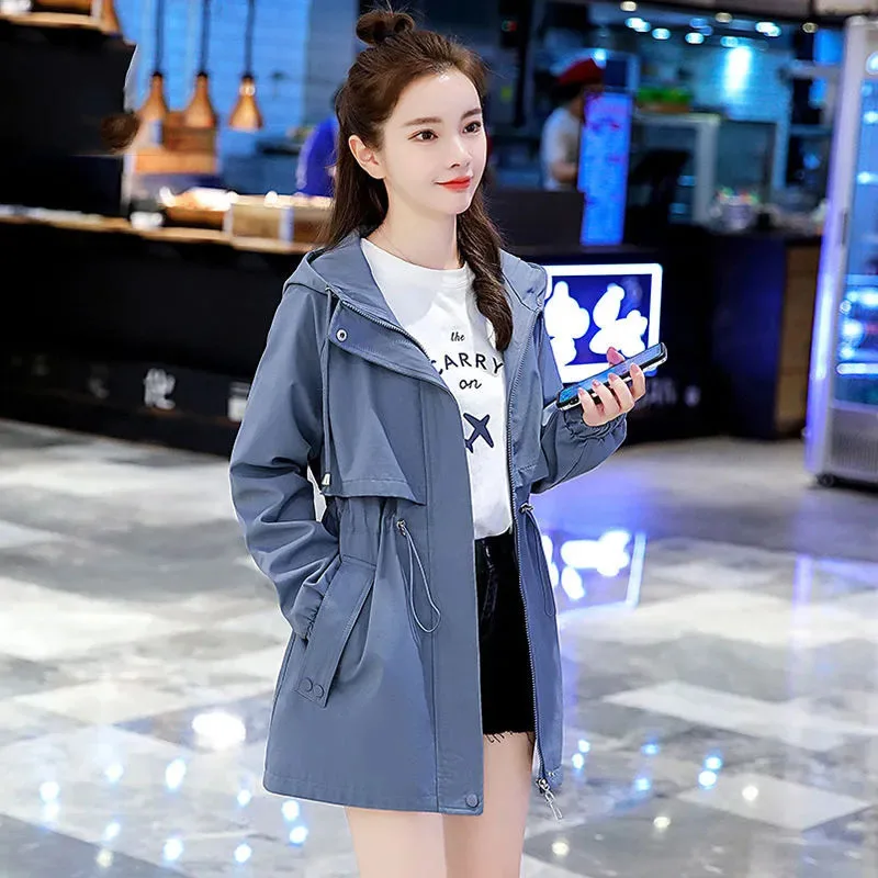 Korean Autumn Lady With Lining Cloth Jacket British Style Women Mid Length Version Windbreaker Coat  Female Long Sleeved Outwear
