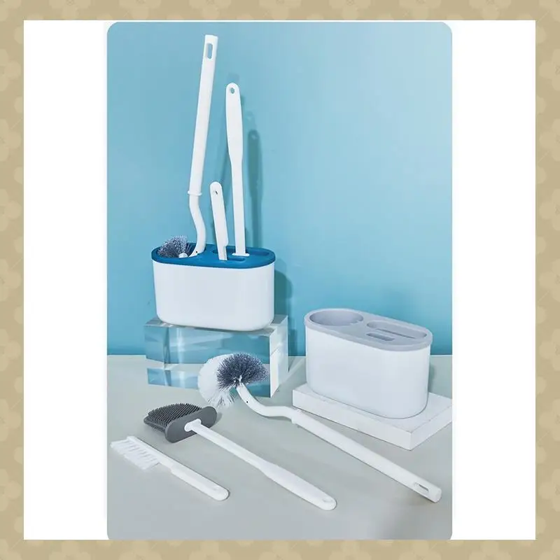 AB45 3 In 1 White Toilet Brush Silicone Wall Mounted Rack TPRS Nylon Detailed Cleaning Brush Gaps Cleaner WC Bath