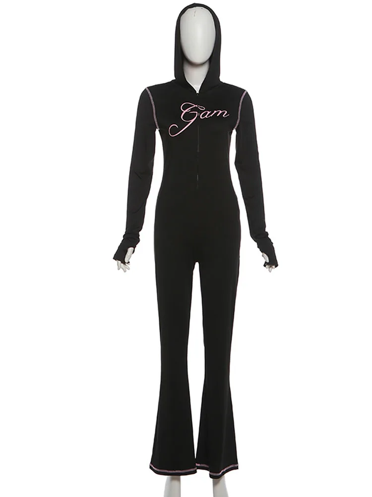 Nibber спортивные комбинезоны с капюшоном женские с буквенным принтом на молнии кардиган дизайн с длинными рукавами узкие уличные повседневные комбинезоны в повседневном стиле