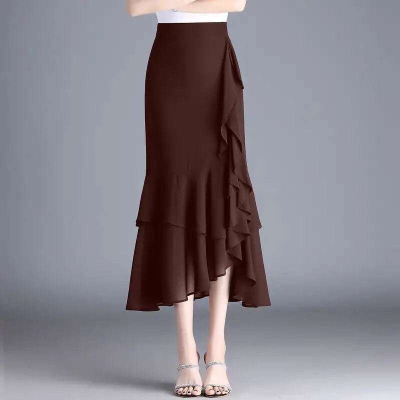 2024 Summer New Irregular Midi Chiffon Fishtail Skirt Women's High Waist Draping Ruffle Trim Slimming Hip Wrap Bodycon Skirt