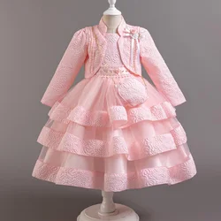 3-10 Years Old Christmas Party Girls Evening Dress Elegant Embroidered Flowers Long Sleeve Coat Sleeveless Girls Princess Dress