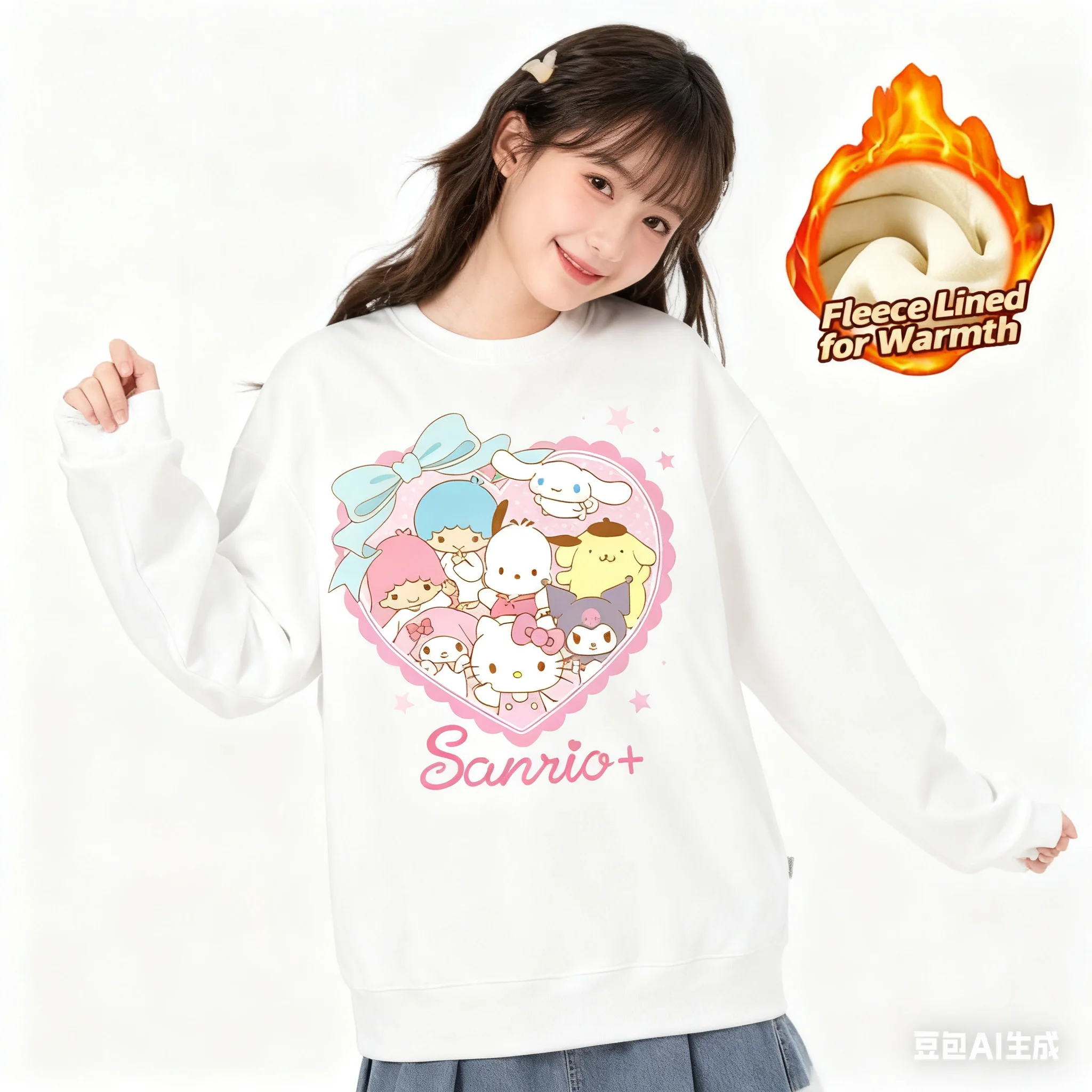 Sanrio Series Printed Crew Neck Long-Sleeve Top, Cute and Warm Fleece-Lined Crew Neck Long-Sleeve T-Shirt, 100% Cotton