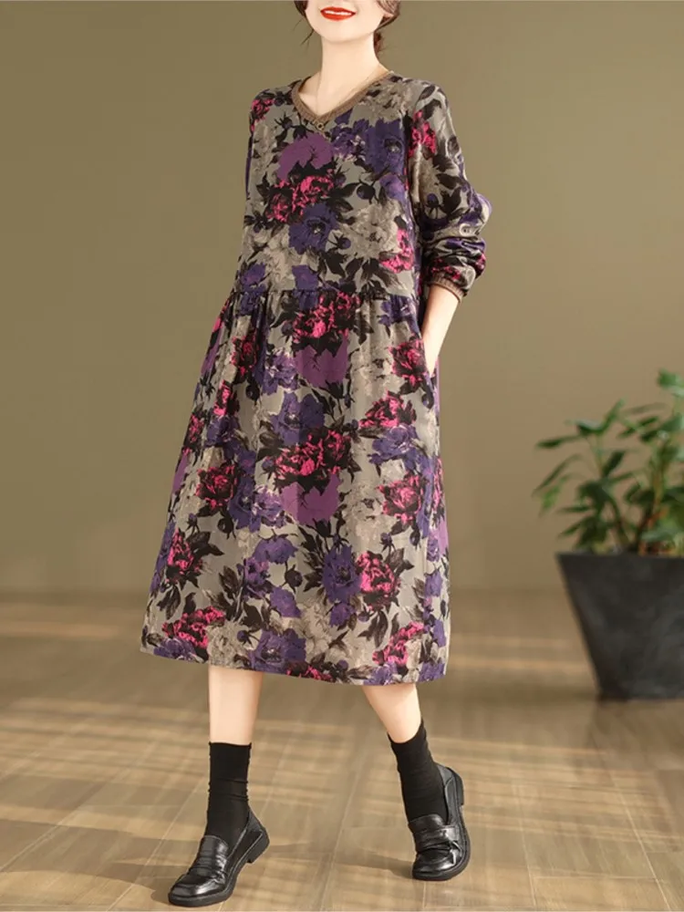 Herbst V-ausschnitt Midi Kleid Frauen Blume Floral Modis Rüschen Gefaltete Damen Kleider Übergroßen Lose Beiläufige Langarm Frau Kleid