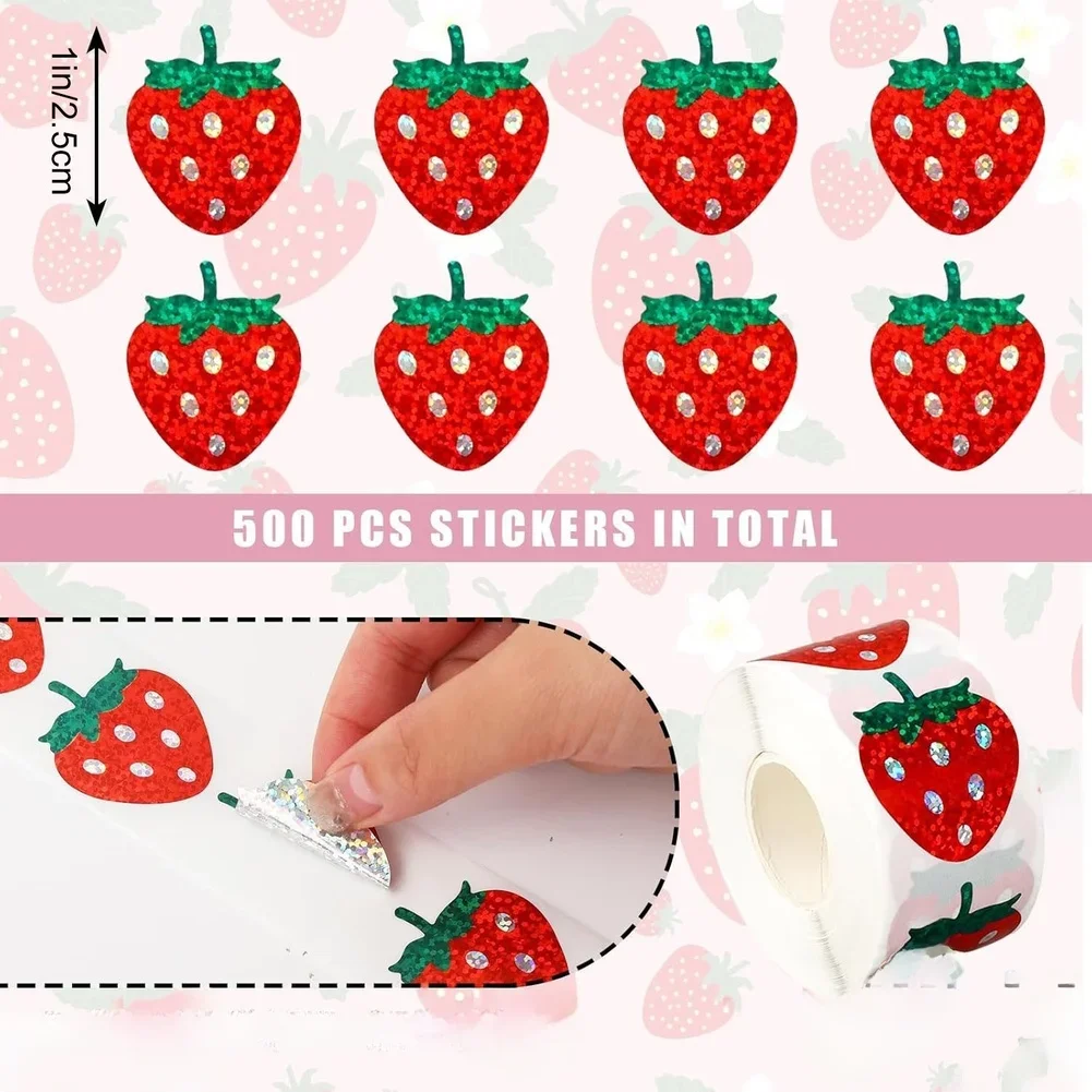 Bulk Pack Of 500 Strawberry Shaped Holographic Stickers With Strong Adhesion Suitable For Decorating And Labeling