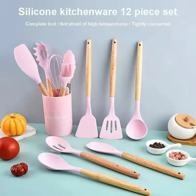 

New 12PCS Heat-Resistant Silicone Kitchen Tool Set with Wooden Handle - Non-Stick Spatula, Shovel & Egg Beaters for Home Cooking