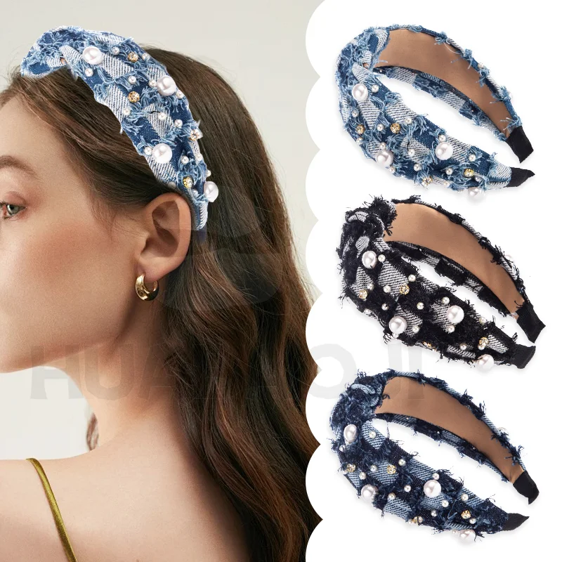 Bando Denim berlian imitasi gaya Baroque untuk wanita bando kanvas spons lebar lingkaran rambut mutiara