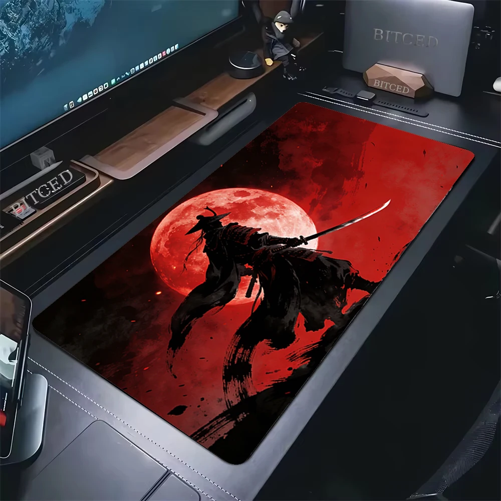 Anime Samurai Large RGB Mouse Pad Gaming Desk Mat Red Black Warrior Printed Extra Wide Mousepad Anti‑Slip for PC Laptop Gamer
