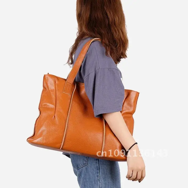 

100% Genuine Leather Handbags Large Capacity Women Tote Bag Shopping Brown Shoulder Bags Travel Purse Retro High Hobos Quality