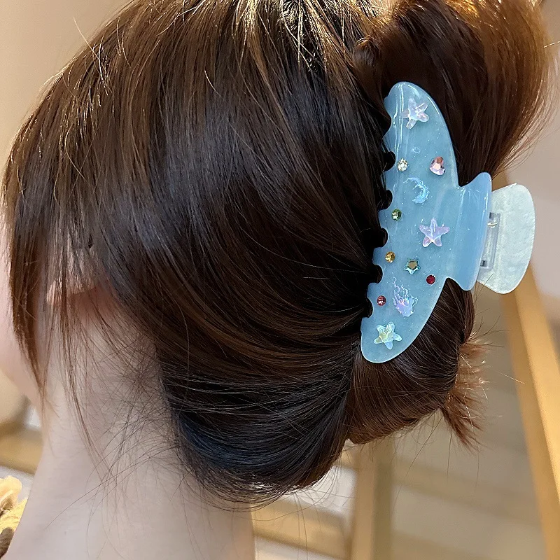 New Acetate Blue Ocean Series  Shark Hair Claw Clip For Women Girls Colorful Rhinestone  Hair Accessories Hairpin Gifts