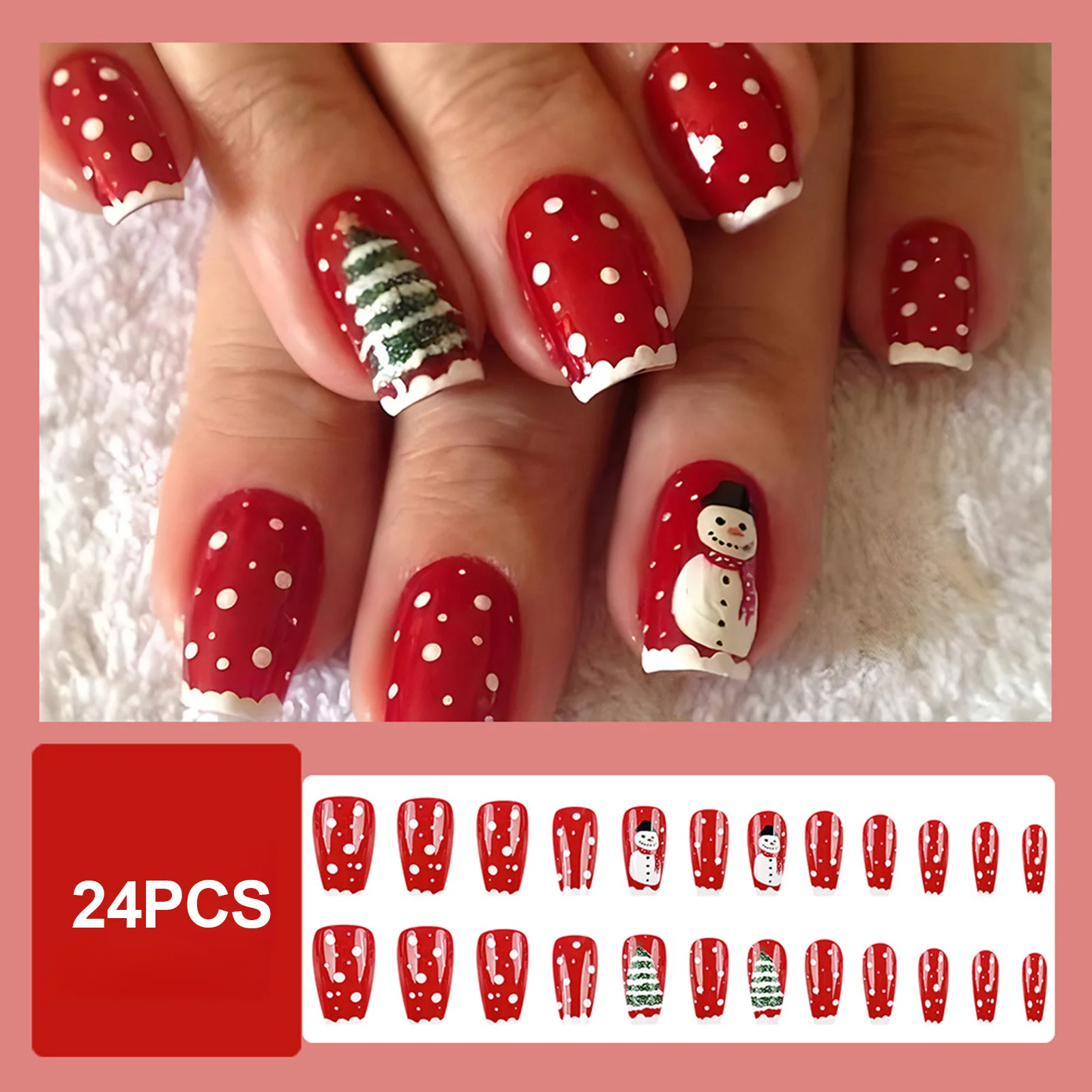 White Tips Press On Nails Red Color Green Xmas Tree Pattern Press on Nails for Stage Performance Wear