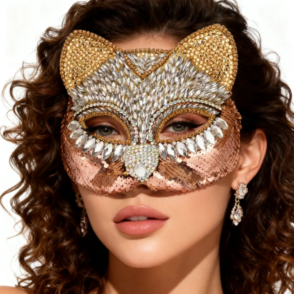 

Rhinestone Cat Mask Masquerade Ball Glitter Face Cover for Women Carnival Party Favor Dress Up Cosplay Fox Mask Men Fancy Dress
