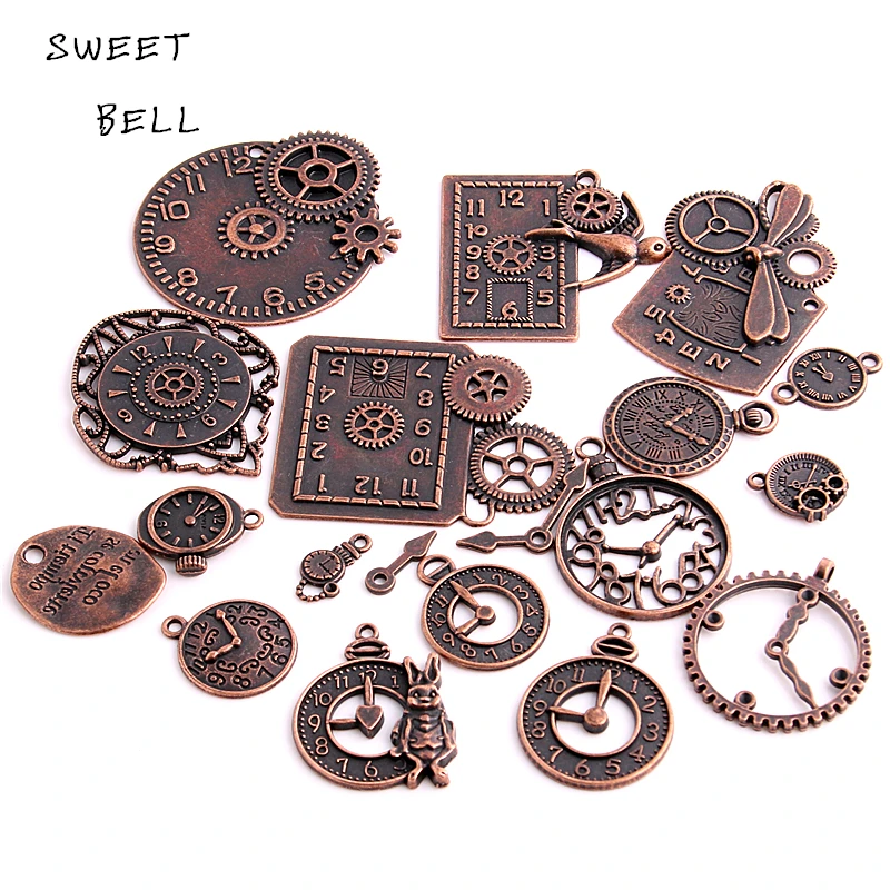 SWEET BELL 20pcs 2 Color Vintage Metal Zinc Alloy Mixed Clock Pendant Charms Steampunk Clock Charms For Diy Jewelry Making