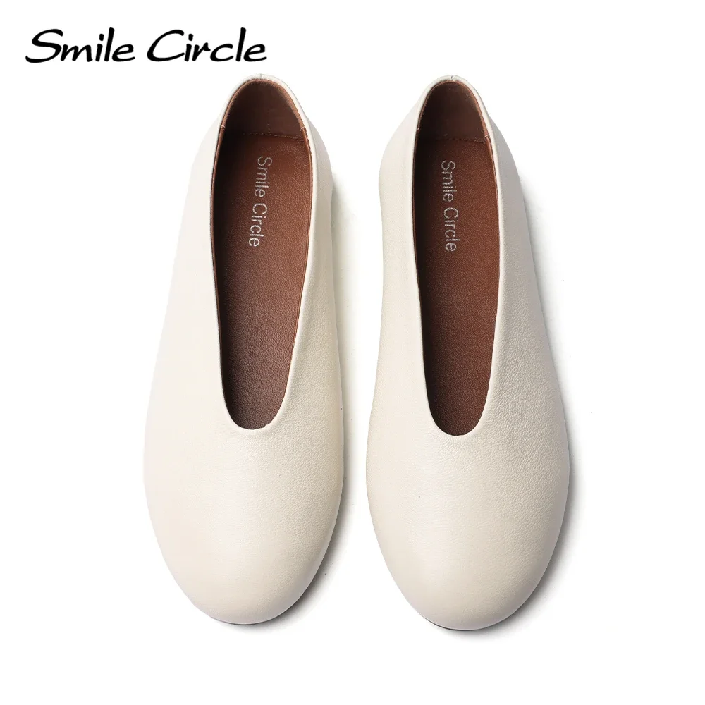 Smile Circle Leather Ballet Flats Women Simple and Comfortable Round toe Flats Shoes Beige/Black/White