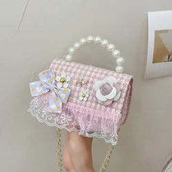 Parel Handvat Kinderen Kleine Handtassen Sweet Flower Strik Meisjes Schoudertassen Mooie Prinses Kant Crossbody Tas Kids Accessoires