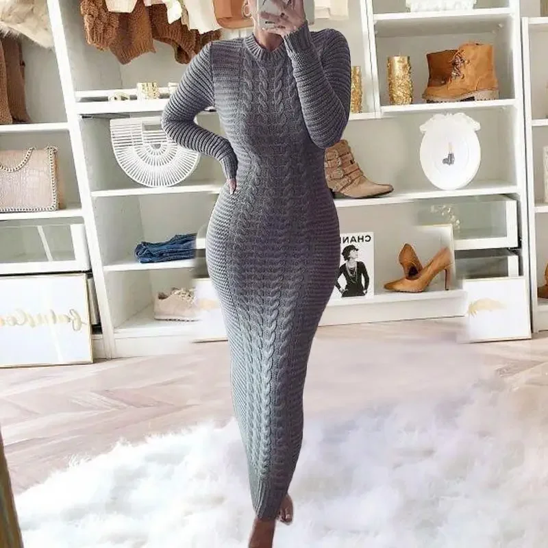 Fashion Twist Flower Round Neck Knitted Sweater Dress,Women\'s Autumn and Winter Solid Color Pullover Long-sleeved Dress,vestidos